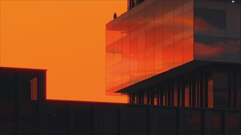 Fachada envidraçada ao pôr do sol